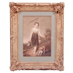 English Watercolor of a Young Maiden and Her Dog