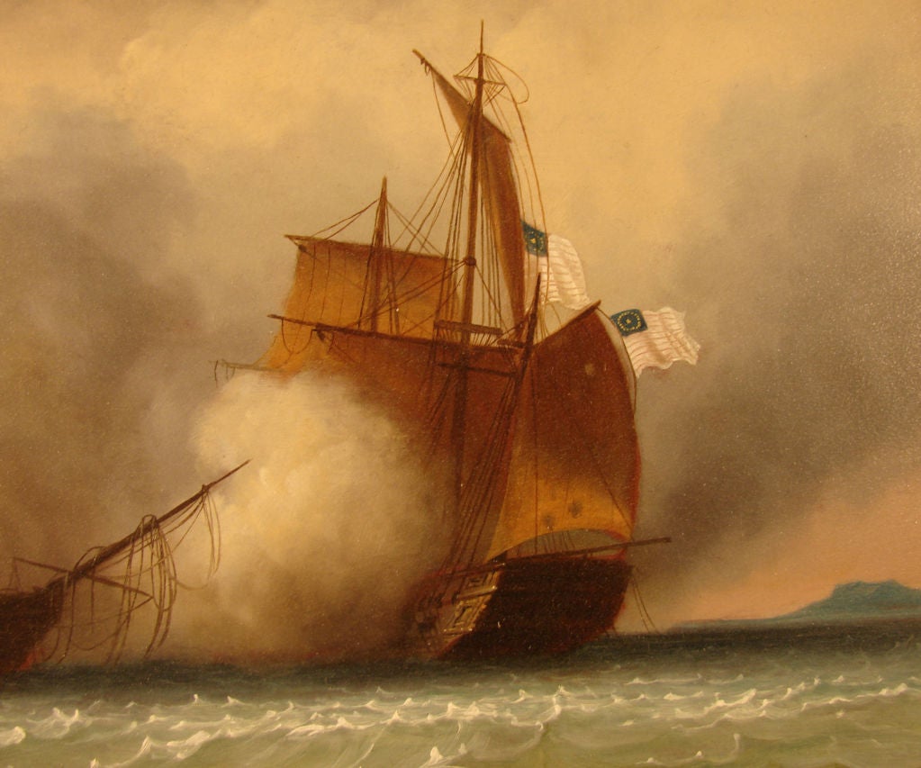 Oil on Copper by Perrot Of Anglo-American Naval Battle