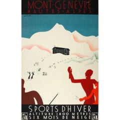 Antique Original Mont-Genevre Sports d'Hiver Travel Poster