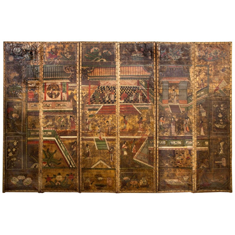 Chinoiserie Leather Gilt Screen