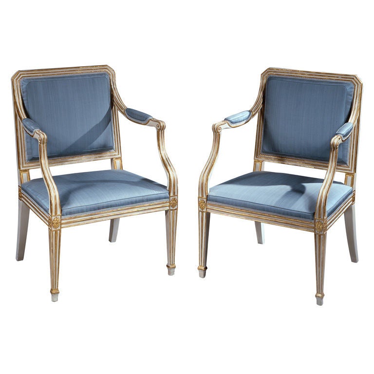 A Fine Pair of Painted and Parcel Gilt Armchairs For Sale