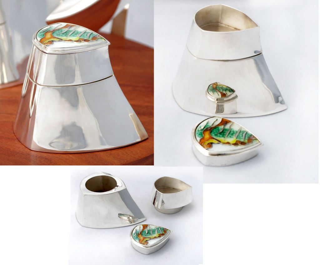 PLEASE VISIT LAUREN STANLEY IN NEW YORK

BERKSHIRE SPRING - a fine one-of-a-kind contemporary sterling silver hand wrought coffee or tea service with cloisonne lids on a Bubinga (Brazilian Rosewood) tray with sterling silver legs by Maureen and