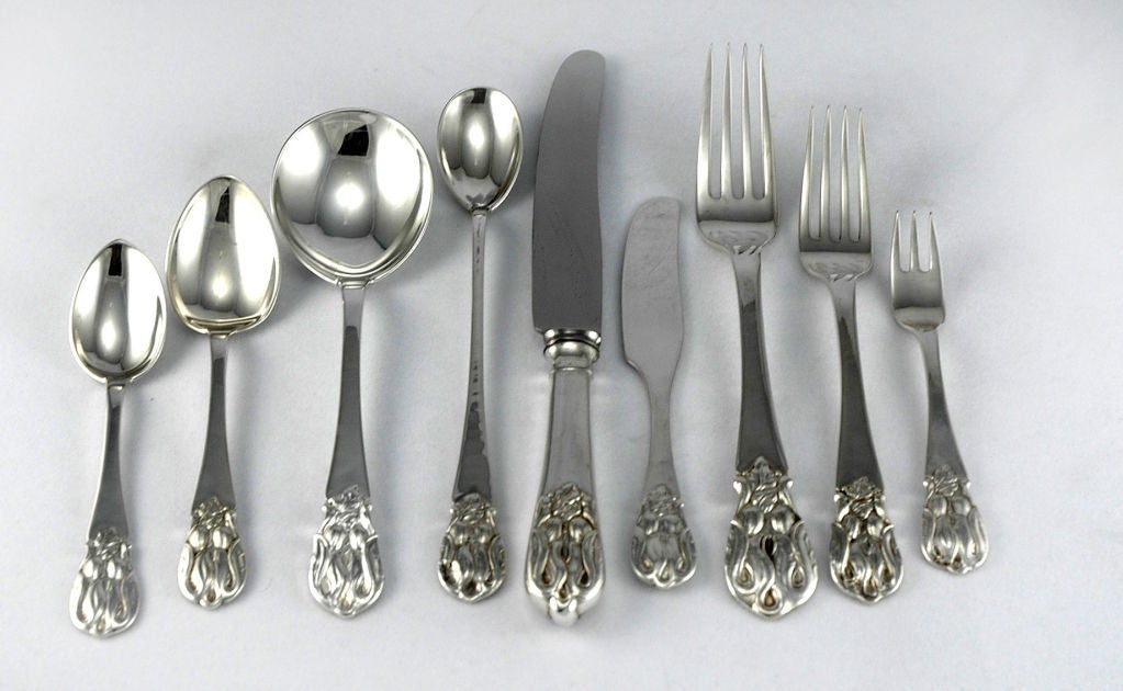 PLEASE VISIT LAUREN STANLEY IN NEW YORK CITY

A fine Circa 1955 sterling silver 112 piece flatware set by Carl Poul Petersen of Montreal, Canada, in the Blossom pattern, as listed below.

Weighable silver (excluding knives with stainless blades)