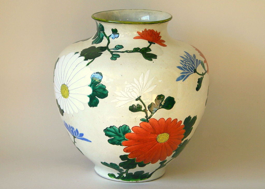 Japanese Kyoto Pottery Vase with Chrysanthemums at 1stDibs