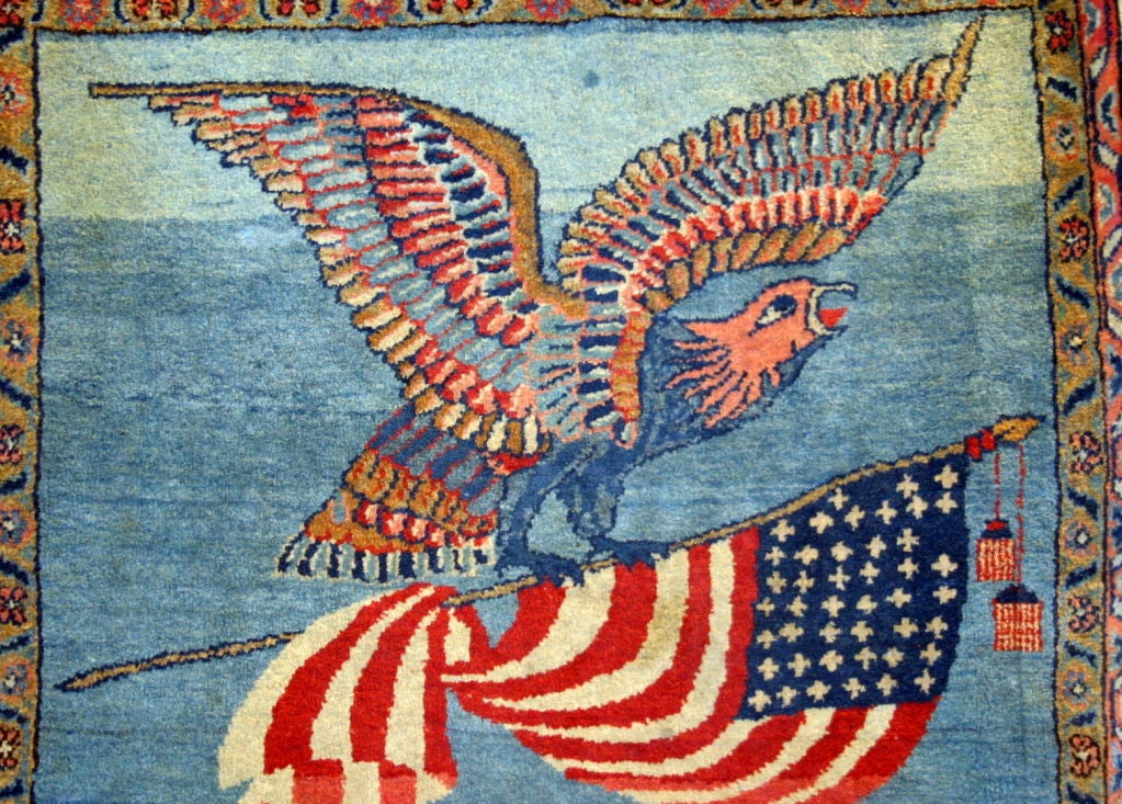 Persian Antique Kashan Carpet Wall Hanging, Bald Eagle and 44 Star Flag