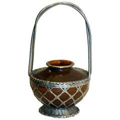 Antique Japanese Pottery Jar with Stainless Weaving for Basket
