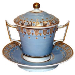Antique English Porcelain Covered Two-Handled Cup with Saucer