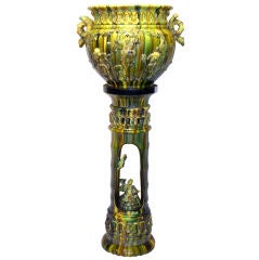 Awaji Pottery Flambe Jardiniere on Pedestal with Figural Scene