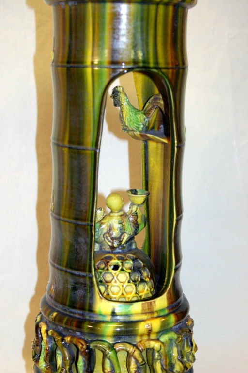 Awaji Pottery Flambe Jardiniere on Pedestal with Figural Scene In Excellent Condition In Wilton, CT