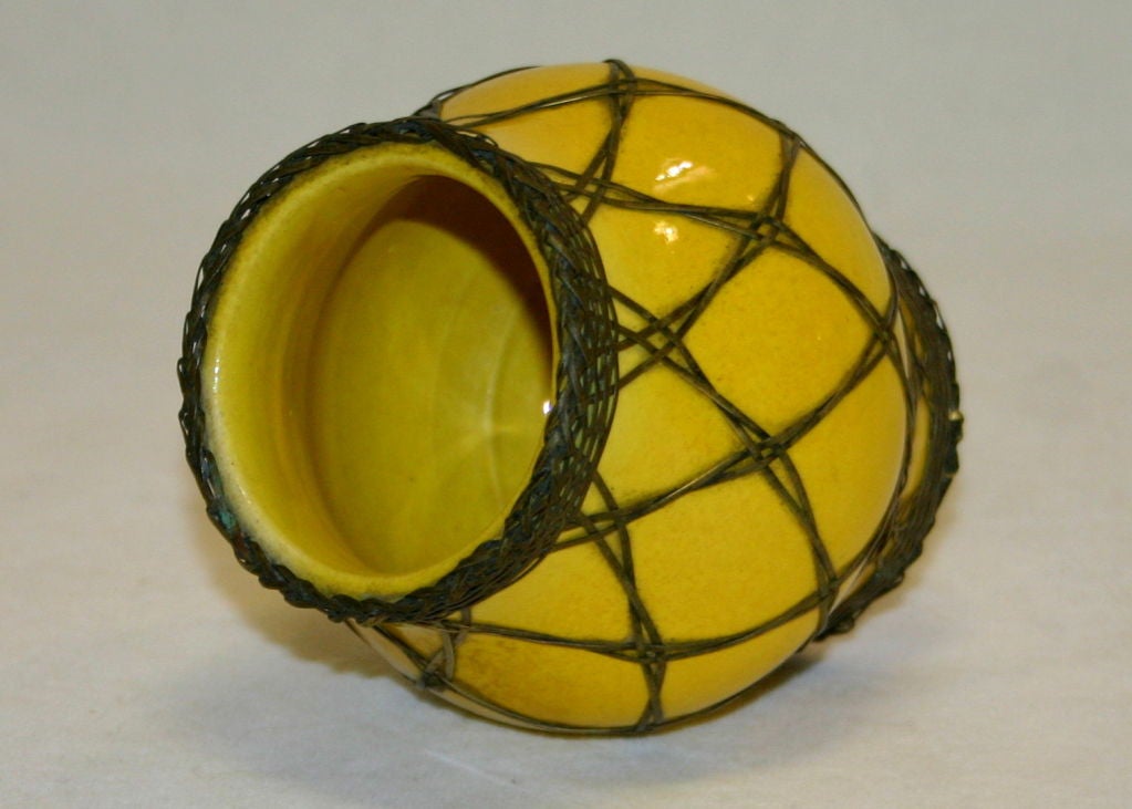 Arts and Crafts Awaji Pottery Japanese Scholar's Desk Yellow Brush Pot/Pencil Cup Bronze Weave For Sale