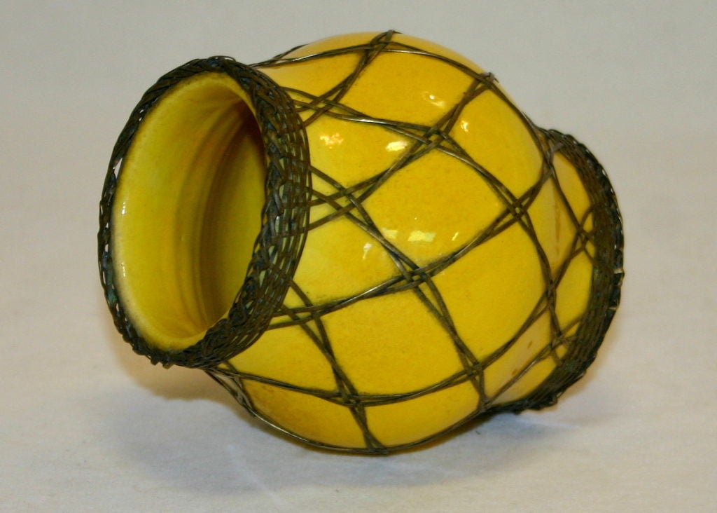 Turned Awaji Pottery Japanese Scholar's Desk Yellow Brush Pot/Pencil Cup Bronze Weave For Sale