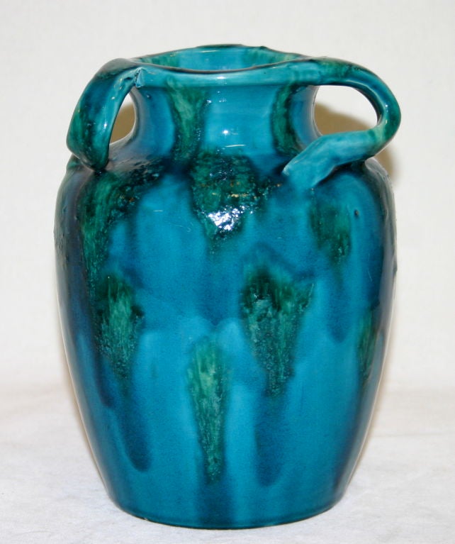 Awaji Pottery Vase in Turquoise and Green Glaze