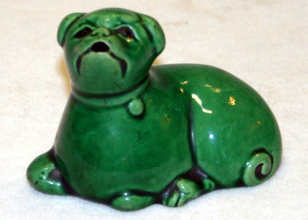 Japanese Awaji pottery water dropper in the form of a pug. Water droppers are scholars desk objects that are used to mix water with dry ink cakes for calligraphy, painting, etc. From the original Awaji kiln of Kashu Minpei. Faint, impressed plover