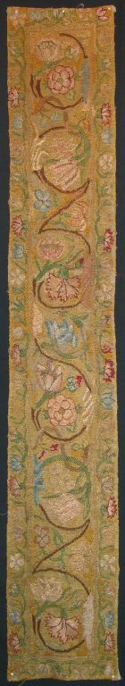 Pair of 17th century Italian silk embroidery on a netted ground, embroidered in designs of flowers and scrolling vines.