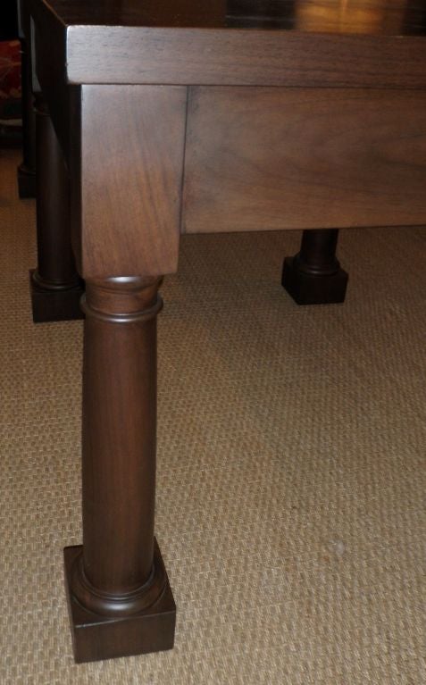 Beautiful Belgian rectory table with carved block feet in walnut.