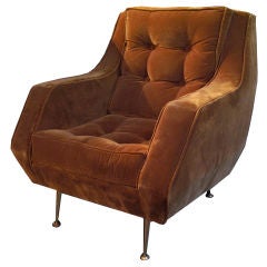 French Armchair in Tobacco Velvet with Brass Legs