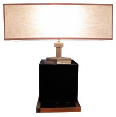 Vintage Black Lacquer and Brass Cube Lamp