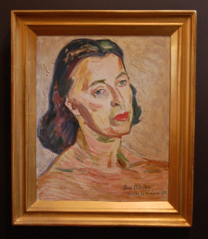 Arresting female portrait by noted Swedish self-taught/naive artist Axel Nilsson (1889-1981).  Signed in lower right 