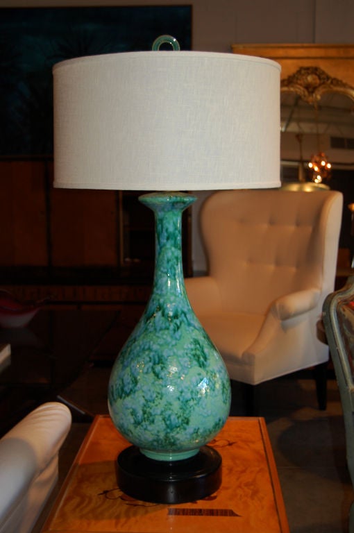 Graceful green, blue and turquoise spatter-glazed vase lamp with custom linen drum shade and new crackle-finish turquoise ring finial.