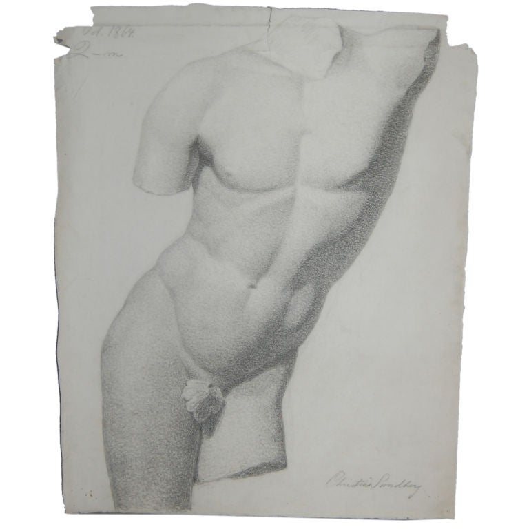 Antique Swedish Nude Drawing dated 1864 by Christine Sundberg