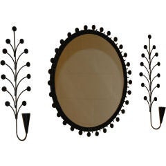 Swedish Mid-Century Round Black Metal Mirror and Pair of Sconces