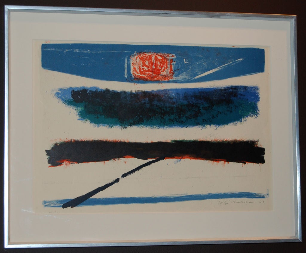 Contemporary abstract lithograph by Swedish artist Leif Knudsen (1928-1975).  Signed and dated.  Framed under glass.<br />
<br />
Framed Size: 28 1/4