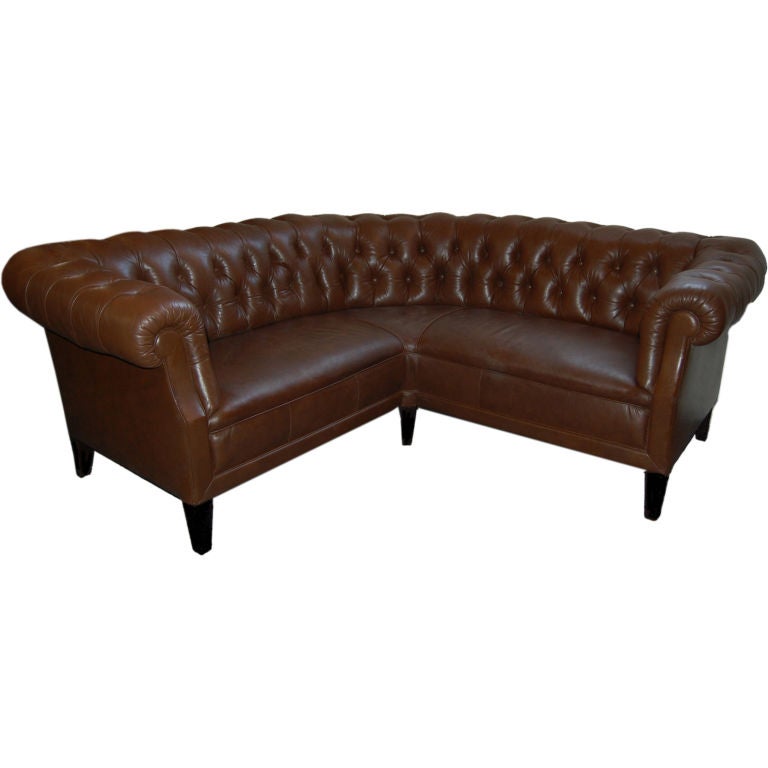 Swedish Leather Chesterfield-Style Corner Sofa Banquette