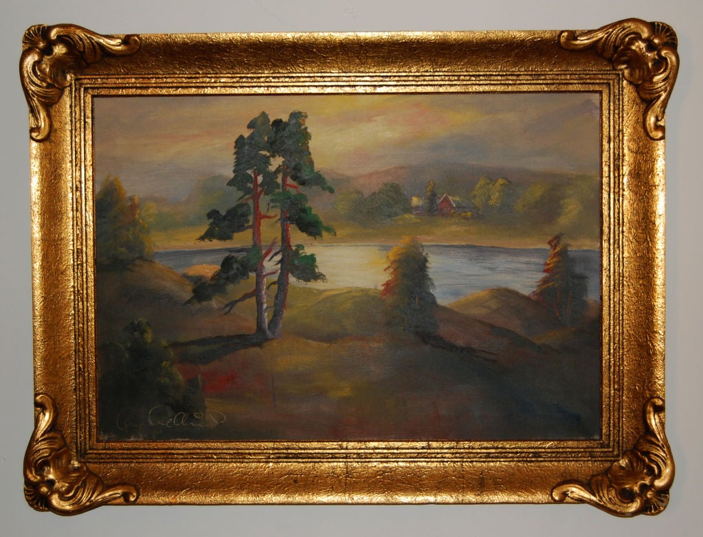 Lovely rural Swedish landscape oil painting in gilt rococo style frame.

Framed dimensions: 31 1/2