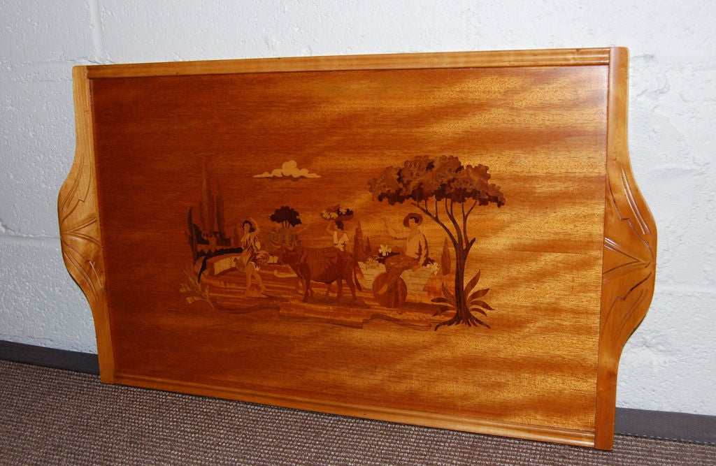 Handmade golden teak tray from c. 1940 Sweden.  Handcrafted rare Swedish intarsia (inlay) of various hardwoods - mahogany, walnut, Carpathian elm, teak, birch, rosewood, beech and jacaranda inlaid in a very detailed and intricate pattern - form a