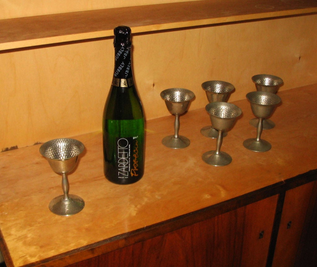 20th Century Set of Six Hammered Silverplate English Goblets