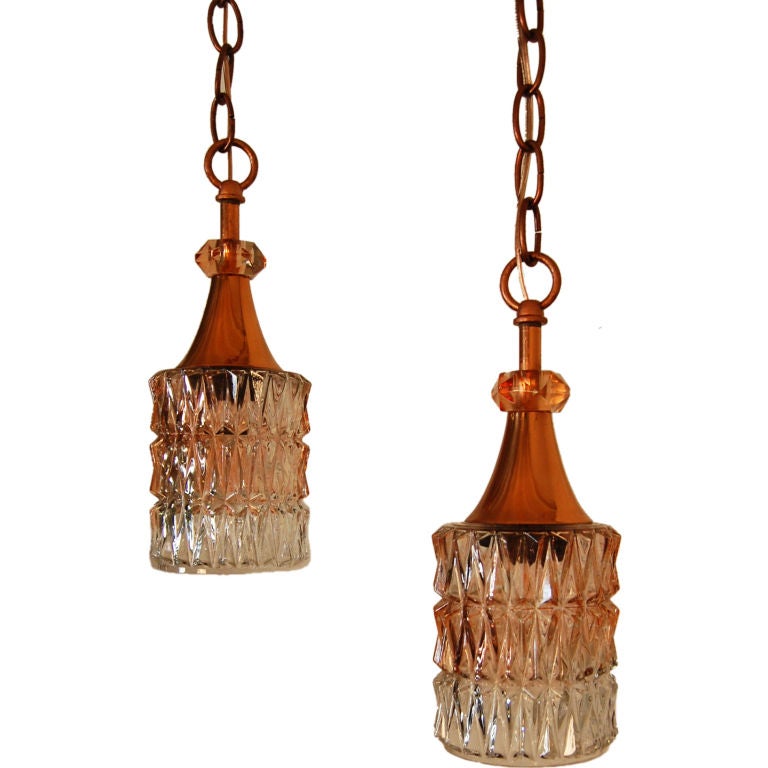 Pair of Vintage Swedish Copper and Glass Pendants For Sale