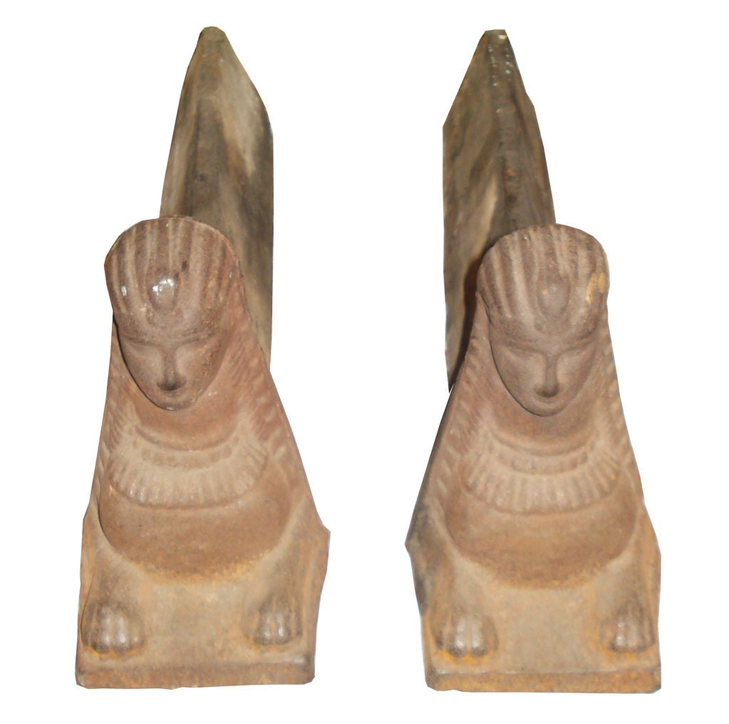Rare pair of First Empire Iron Sphinx Andirons. Rustic look adds to the beauty. Very heavy.