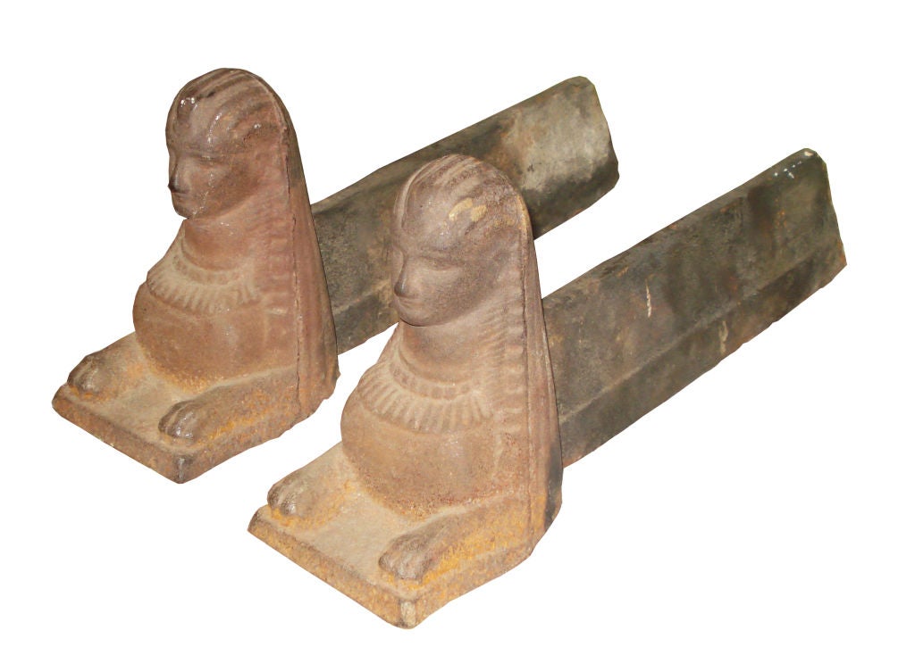 French Pair of Iron Sphinx First Empire Andirons For Sale