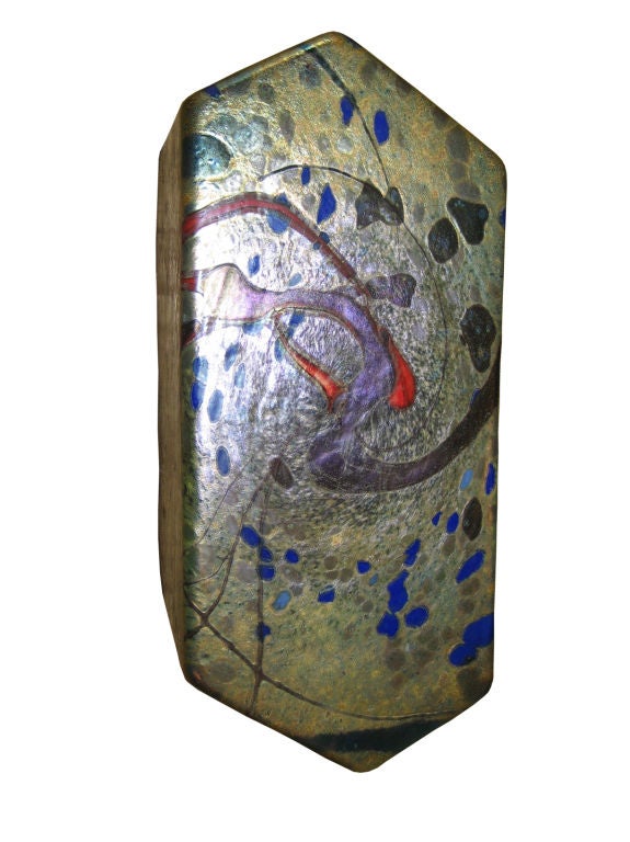 Hexagonal though irregular Jack Ink, Studio Glass Box painted on the outside depicting the bird on the tree. Metal rims, signed and numbered inside the cover.