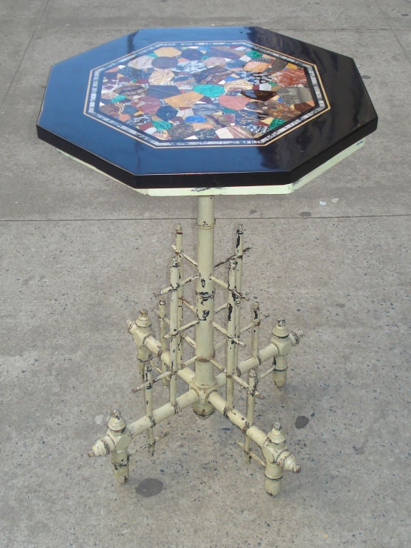 Bamboo Style Base Table With Pietra Dora Inlaid Marble Top