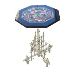 Bamboo Style Base Table With Pietra Dora Inlaid Marble Top