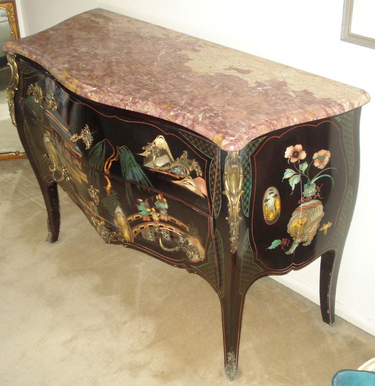 French Coromandel Lacquer  Marble Top Bombe Commode
