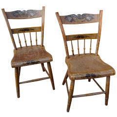 Pair of Paint-Decorated American  Plank Seat Side Chairs