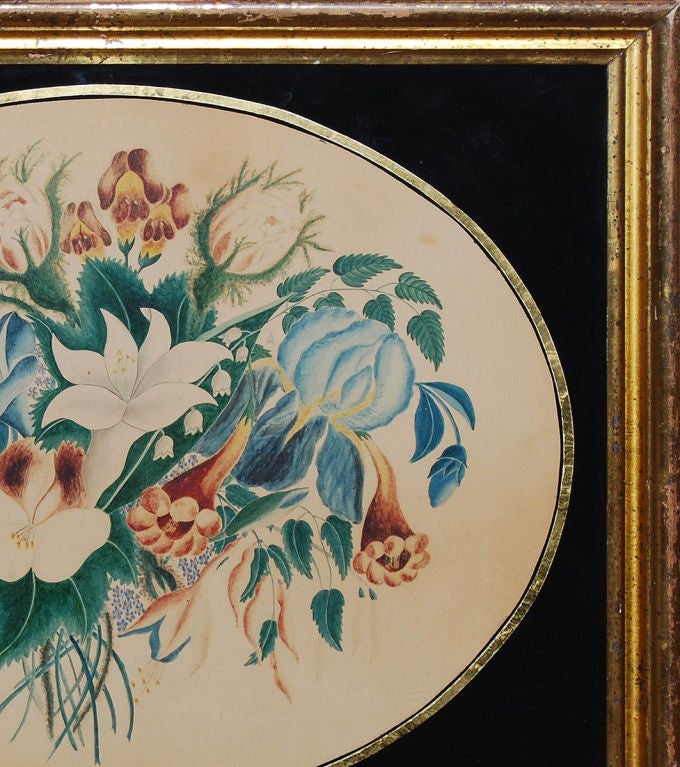 Finely detailed watercolor theorem on paper with a reverse painted glass mat and period goldleaf frame.