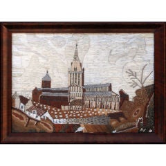 Antique English Woolwork Picture of a Countryside Church