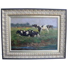 Vintage Impressionist  "Cows Grazing, Resting"  Original Oil Painting