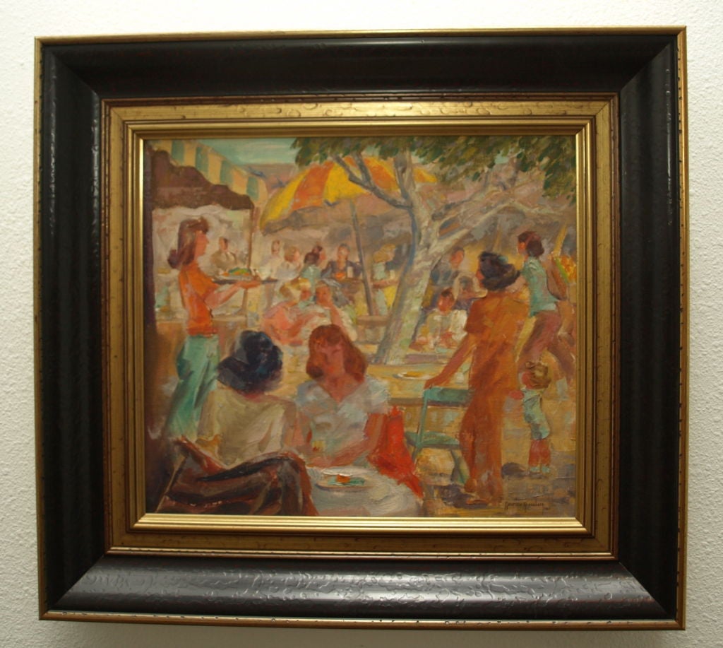 A truly elegant oil painting perfectly titled the “Garden Party”, signed by the artist, Maurice Greenberg (1893 –1997) in the lower right and dated 1960.  In a wood framed trimmed in gold leaf, this oil on canvas board makes a striking presence. The