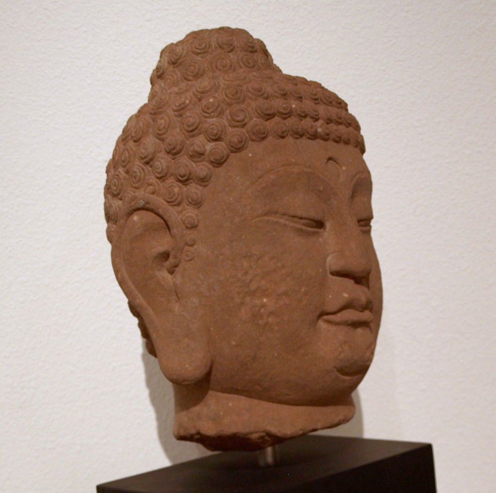 18th Century and Earlier Impressive 18th Century Sandstone Buddha Head For Sale