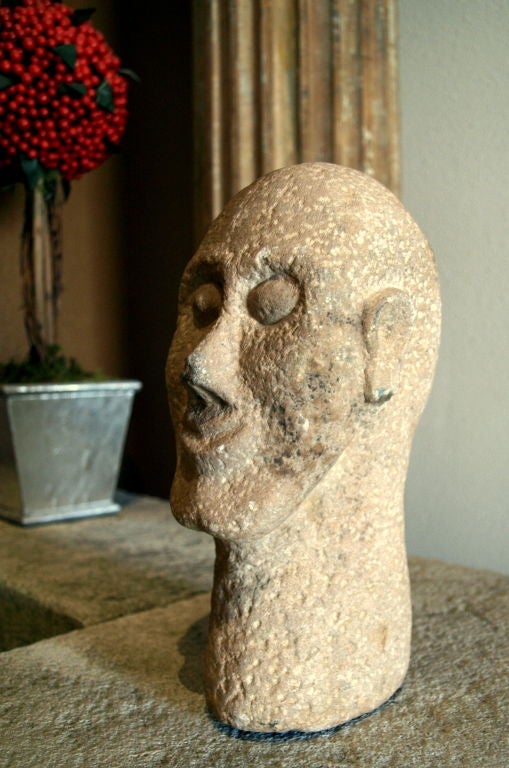 20th Century Primitive Hand-Carved Stone Head of a Man
