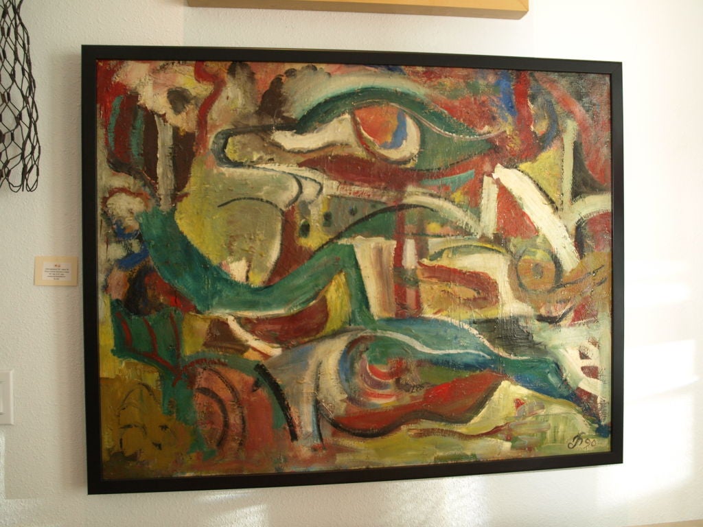 This abstract oil painting on canvas board is signed in the lower right and verso, by the artist “DK”, along with the date; '90.  It is handsomely framed in a new, simple black-painted wood molding, which has an overall measurement of 36 inches high