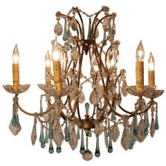 French Brass and Crystal Chandelier with Aqua Teardrop Pendants