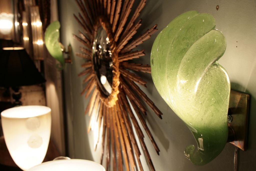 Pair of Italian Vintage Green Murano Glass Sconces