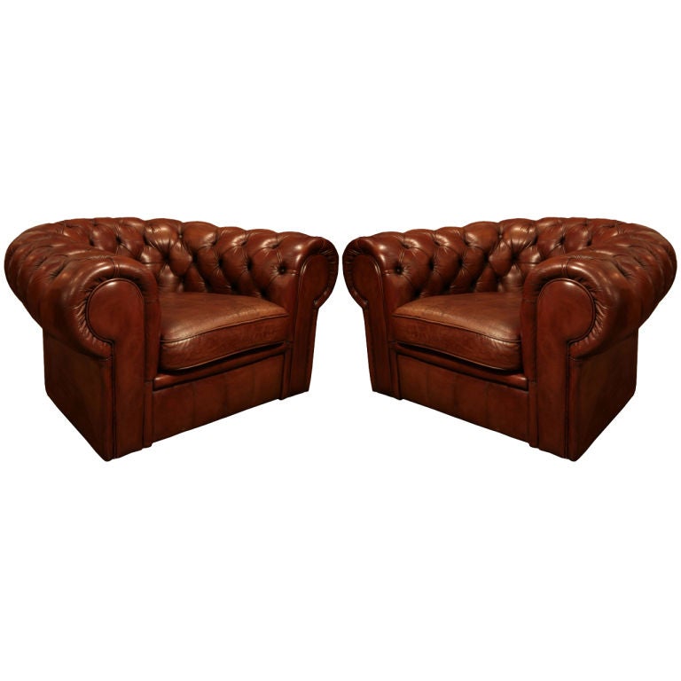 Pair of English Chesterfield Leather Club Chairs