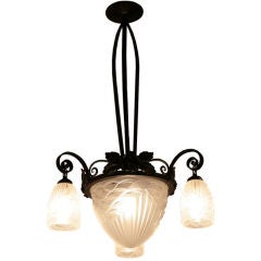 French Art Deco Period Iron and Frosted Glass Chandelier