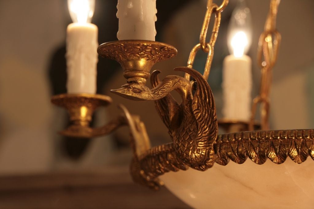 20th Century French Empire Swan Bronze and Alabaster Chandelier